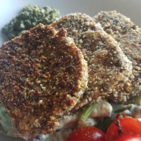 Marinated tofu with a hemp crust.