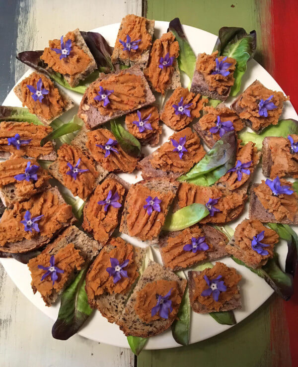 Red lentil and sun-dried tomato pate on wholemeal bread.